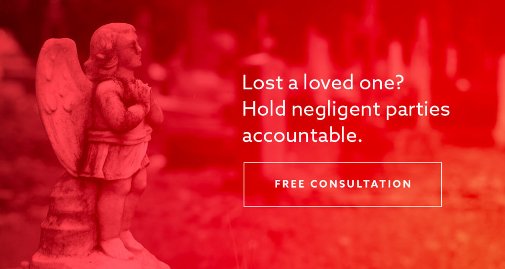 A statue of an angel with the text "Lost a loved one? Hold negligent parties accountable" superimposed