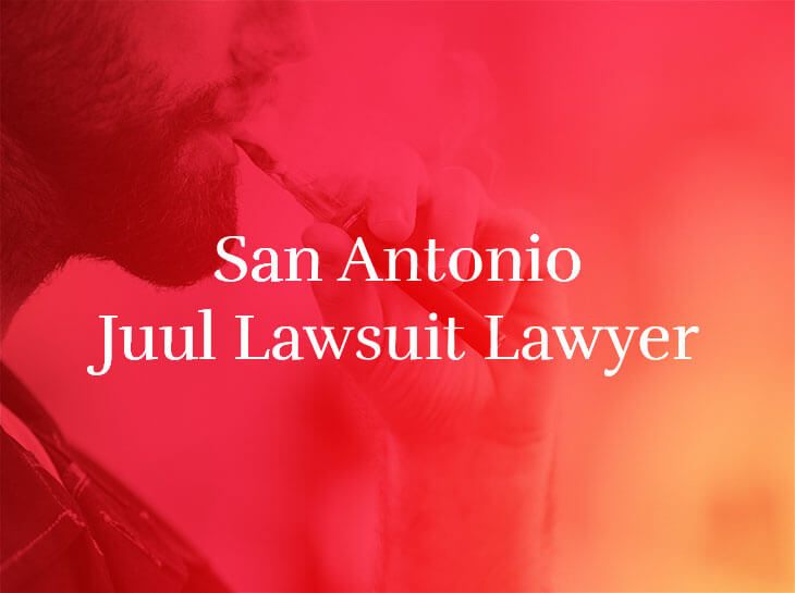 A man smoking a vape pen with the text "San Antonio Juul Lawsuit Lawyer" superimposed