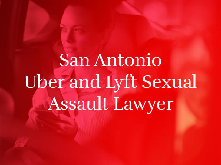 A woman in the passenger seat of a vehicle with the text "San Antonio Uber and Lyft Sexual Assault Lawyer" superimposed